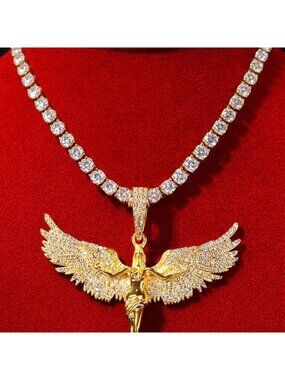 Gold Angel Pendant with Tennis Necklace | 18” or 20” | Iced Out Statement Chain